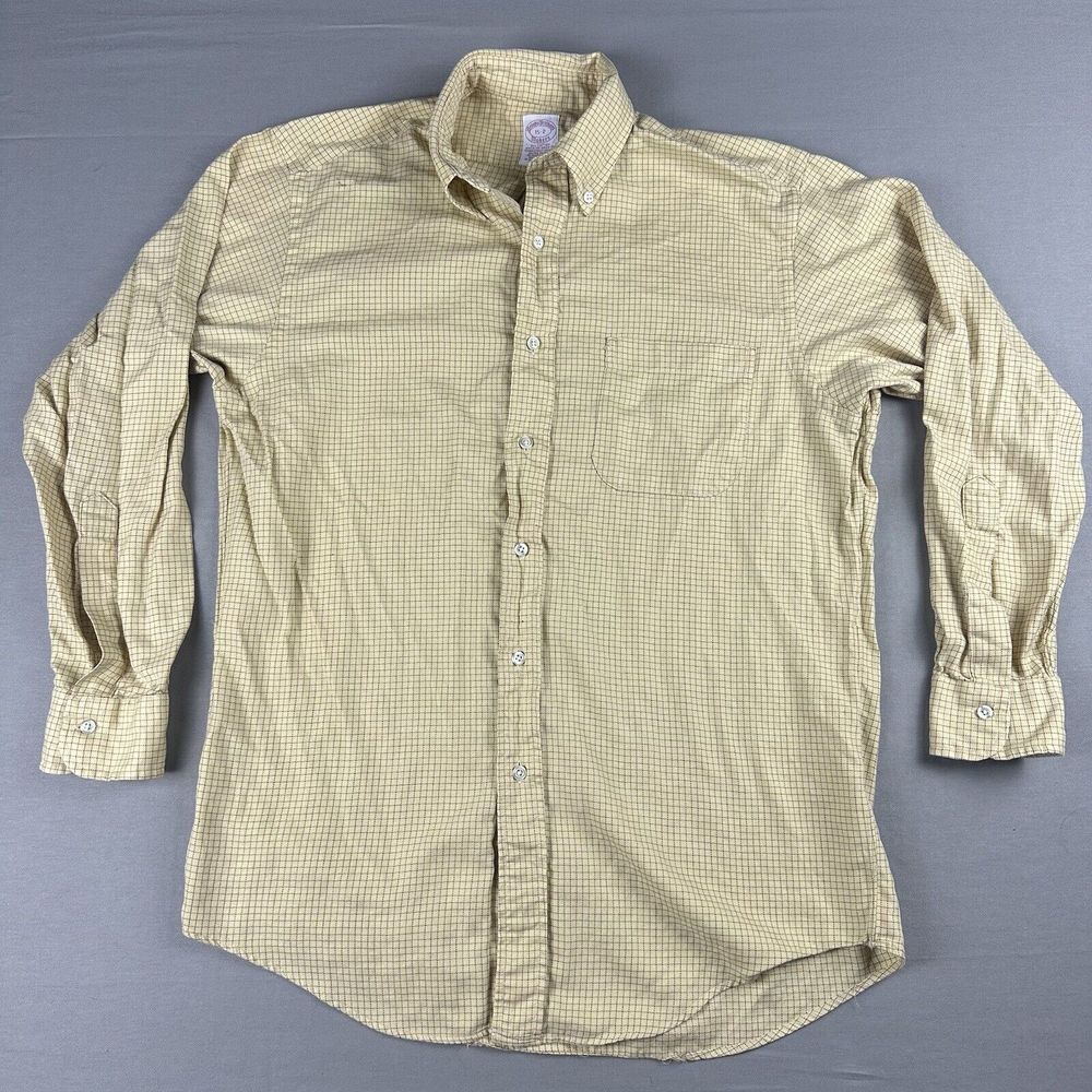 Vintage Brooks Brothers Makers Shirt Men 15 Yellow Plaid Long Sleeve Button Down